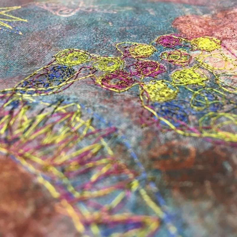 Free machine embroidery on gelli-plate printed fabric — printmaking and textiles workshop