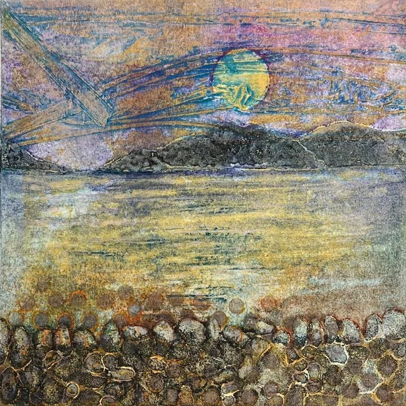 Multi-plate collagraph print of the Kyles from Bute's western shore. Three-plate printmaking technique with carborundum, raffia and textural elements.