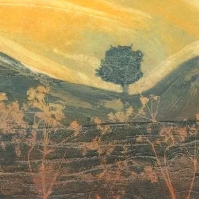 detail of the bottom right of eco-friendly greeting card based on a fine art collagraph print in sunset colours of a curlew in flight near sycamore gap at hadrians wall