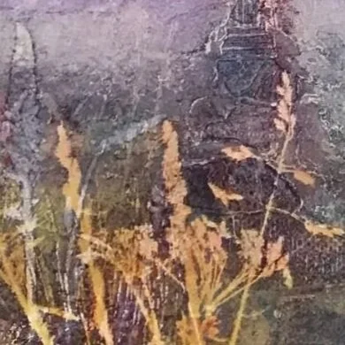 Bottom half detail of Collagraph print of Simonside Hills, Northumberland with warm yellow sky and purple heather tones. Inspired by walks searching for ancient rock art.
