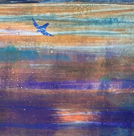 a detail of an eco-friendly greeting card featuring an abstract monotype seascape print of curlews circling with Bass Rock in the background