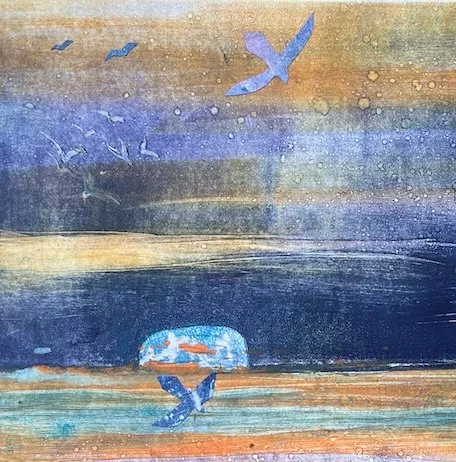 a detail of an eco-friendly greeting card featuring an abstract monotype seascape print of curlews circling with Bass Rock in the background