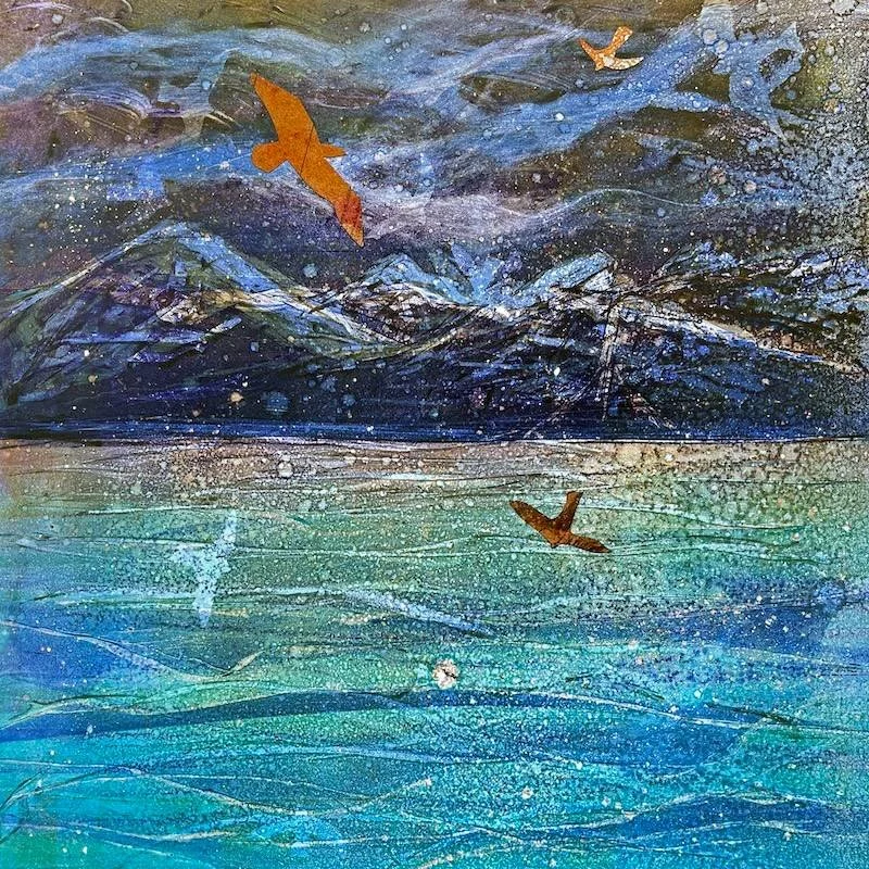 Stunning monotype seascape print of Goat Fell on Isle of Arran from Bute. Original Scottish west coast art featuring collage seabirds and dramatic winter mountain views.