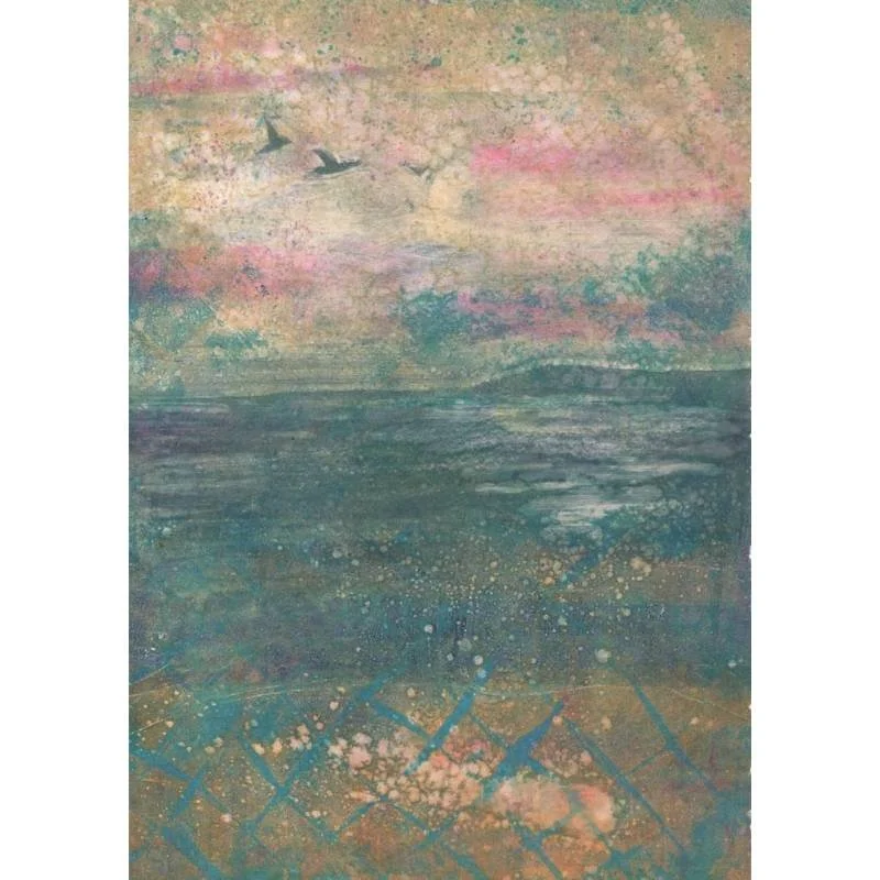 monotype-seascape-print-carol-nunan-washed-up-on-the-tide in shades of pinks and stormy blue greys and subtle turquoise.jpg