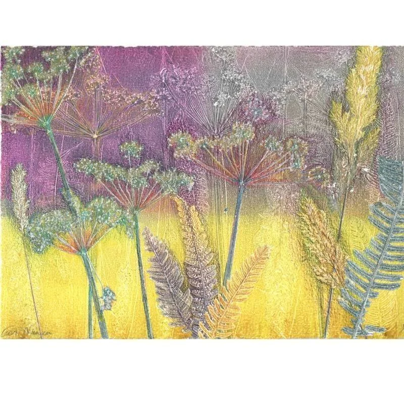 fine-art-print-carol-nunan-woodland-harvest - a monotype print with woodland plants printed on a purply pink and yellow background - hand finished with colouring pencils in blues, ochres and purples