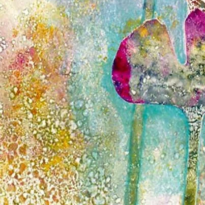 bottom left of an eco-friendly greeting card featuring an abstract monotype floral print of poppies