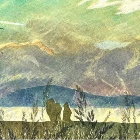 Standing+Stones+At+Dawn-central detail of Standing Stones At Dawn - a monotype print of standing stones at kingarth on the isle of bute