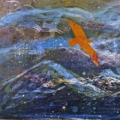 tope left detail - Stunning monotype seascape print of Goat Fell on Isle of Arran from Bute. Original Scottish west coast art featuring collage seabirds and dramatic winter mountain views.