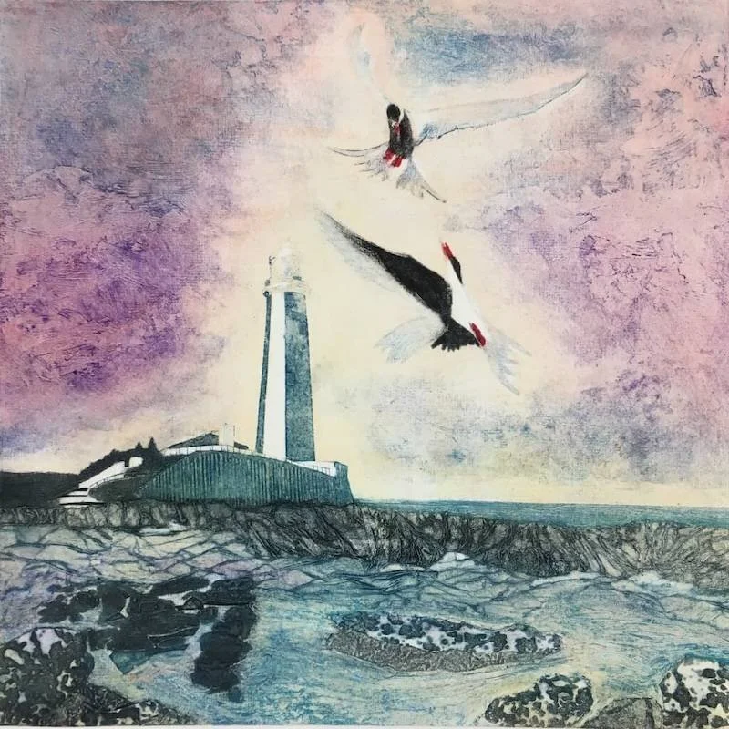 'Arctic Terns III,' a seascape collagraph print inspired by wild seabirds and lighthouses of Northumberland and Scotland