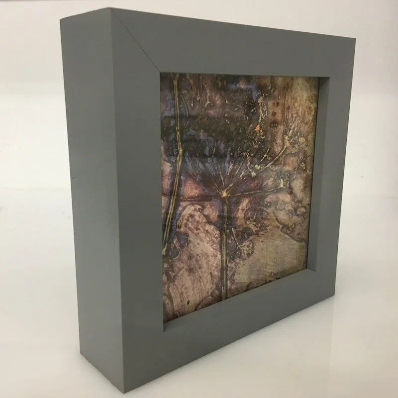 box framed side on view to the left - seedhead v is a contemporary collagraph miniature print created using plants from the hedgerows and hand finished with gold leaf and irridescent oil pastels