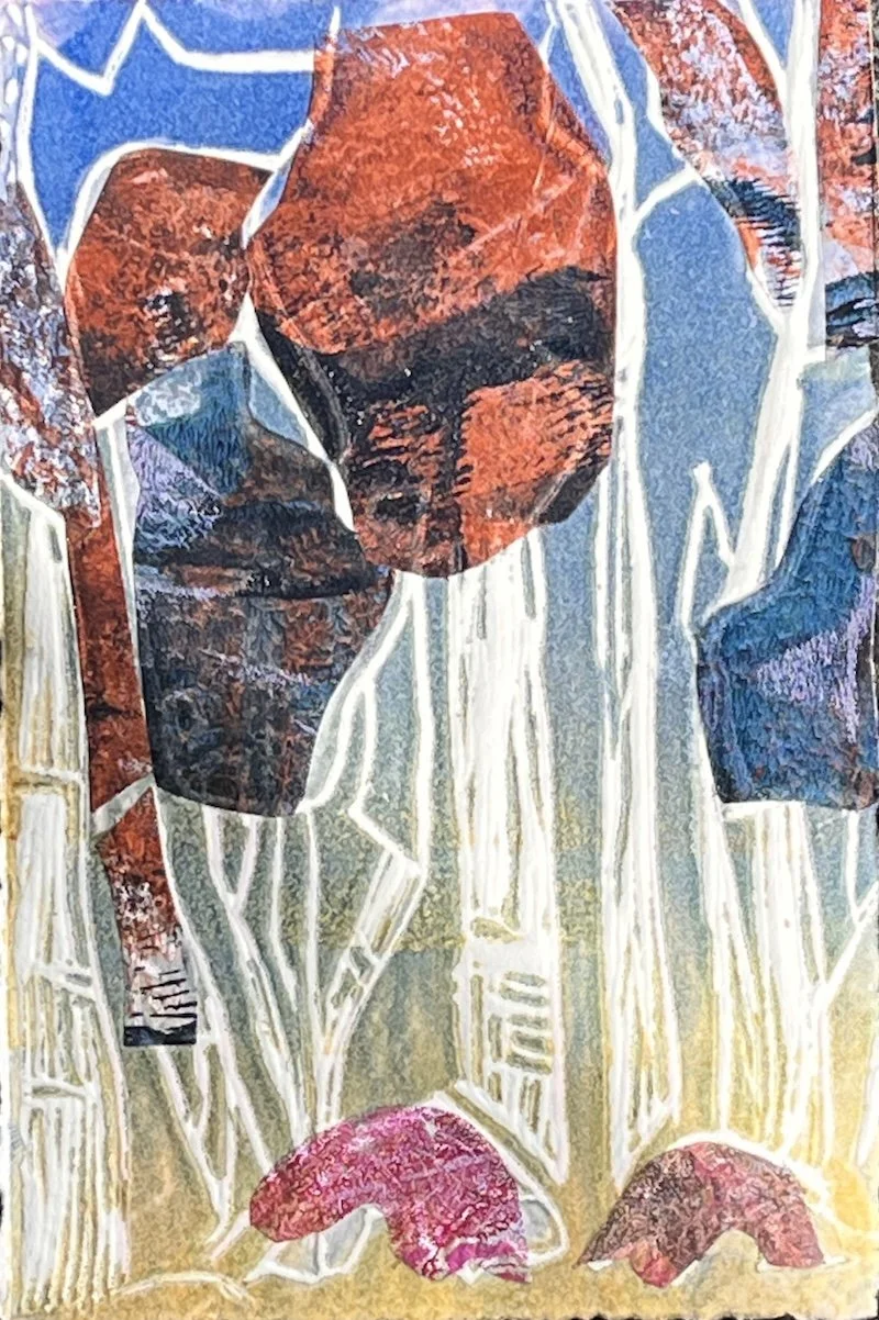 Blended roll-up and chine collé linocut print by Elly Robertson