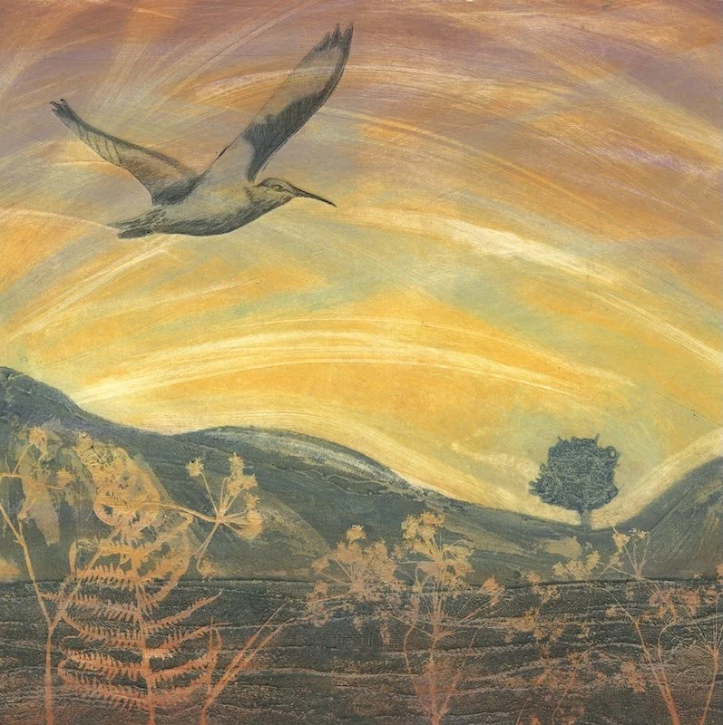 eco-friendly greeting card based on a fine art collagraph print in sunset colours of a curlew in flight near sycamore gap at hadrians wall
