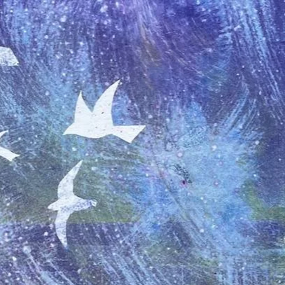 Top right detail- Blustery monotype seascape in blues and greens inspired by Scottish west coast seabirds. Free and loose artistic style reminiscent of the views across Kyles waterways.