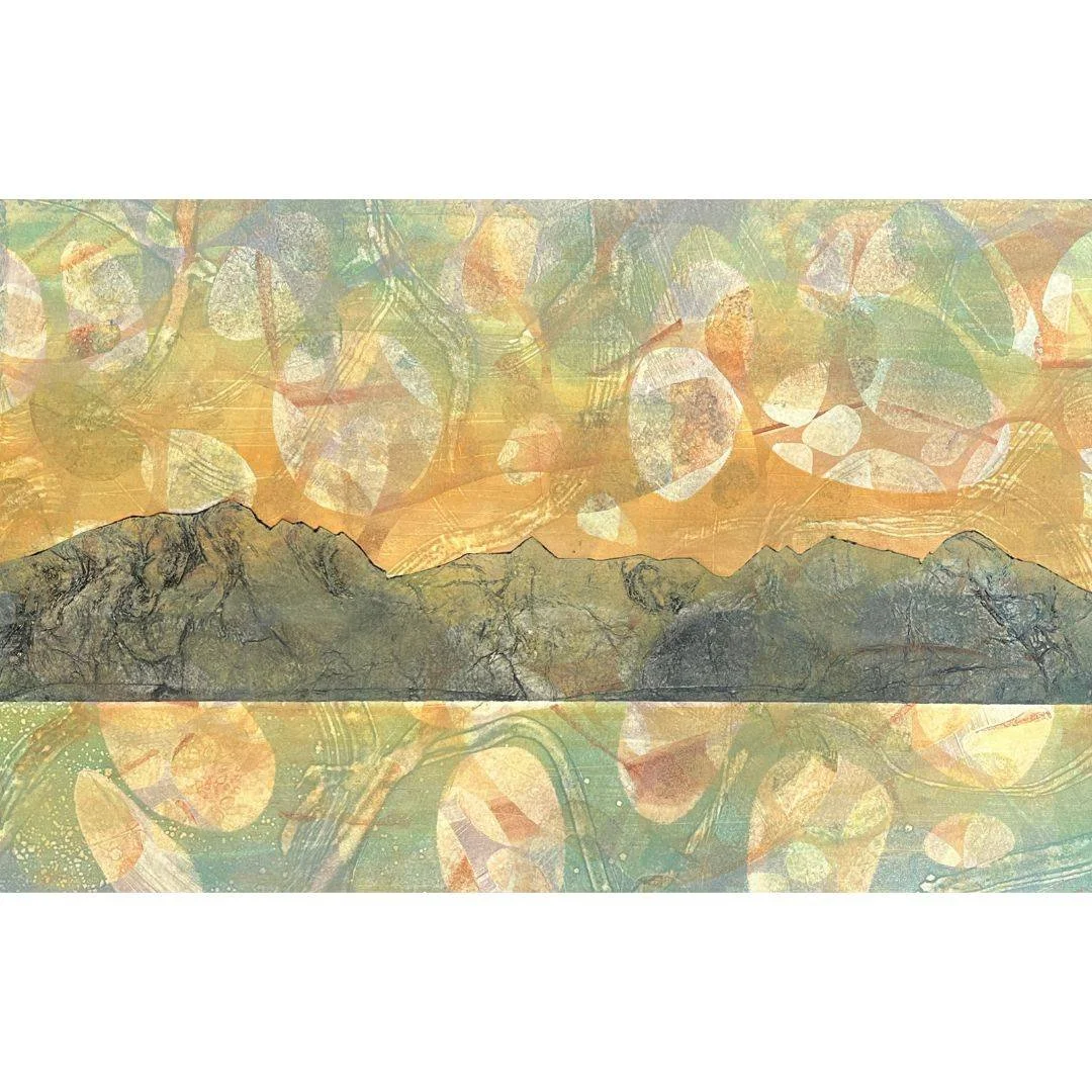 The Sleeping Warrior- semi-abstract monotype/collagraph print of the silhouette of Arran which looks like a sleeping giant