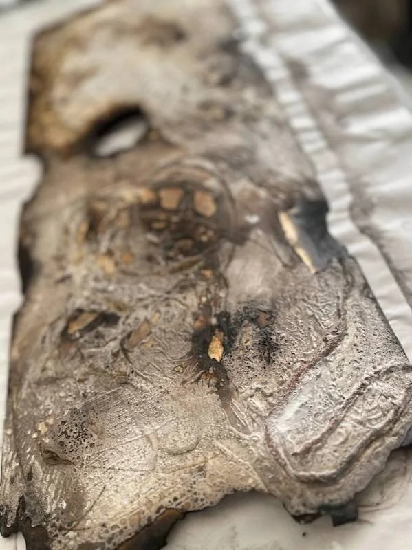 Scorched collagraph plate before inking up with detail