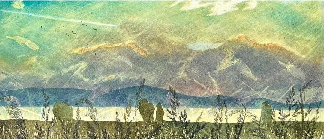 Monotype seascape in shades of green, purple, blue and greeny greys and butter yellowof the view towards Largs from above Kilchattan Bay - The Knife Fork and Spoon standing stones