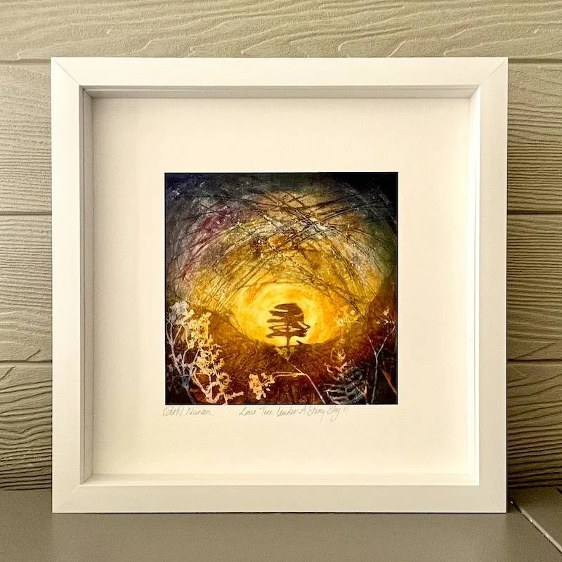 fine art affordable print in a white box frame of a monotype/collagraph based giclée print of the Sycamore Tree at Sycamore Gap on Hadrian's wall