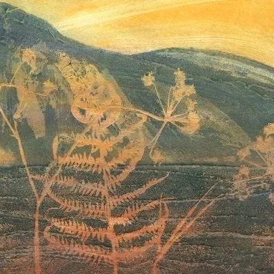detail of the bottom left of eco-friendly greeting card based on a fine art collagraph print in sunset colours of a curlew in flight near sycamore gap at hadrians wall