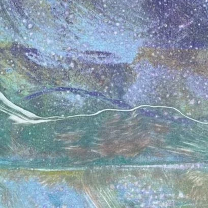 bottom left detail - Blustery monotype seascape in blues and greens inspired by Scottish west coast seabirds. Free and loose artistic style reminiscent of the views across Kyles waterways.