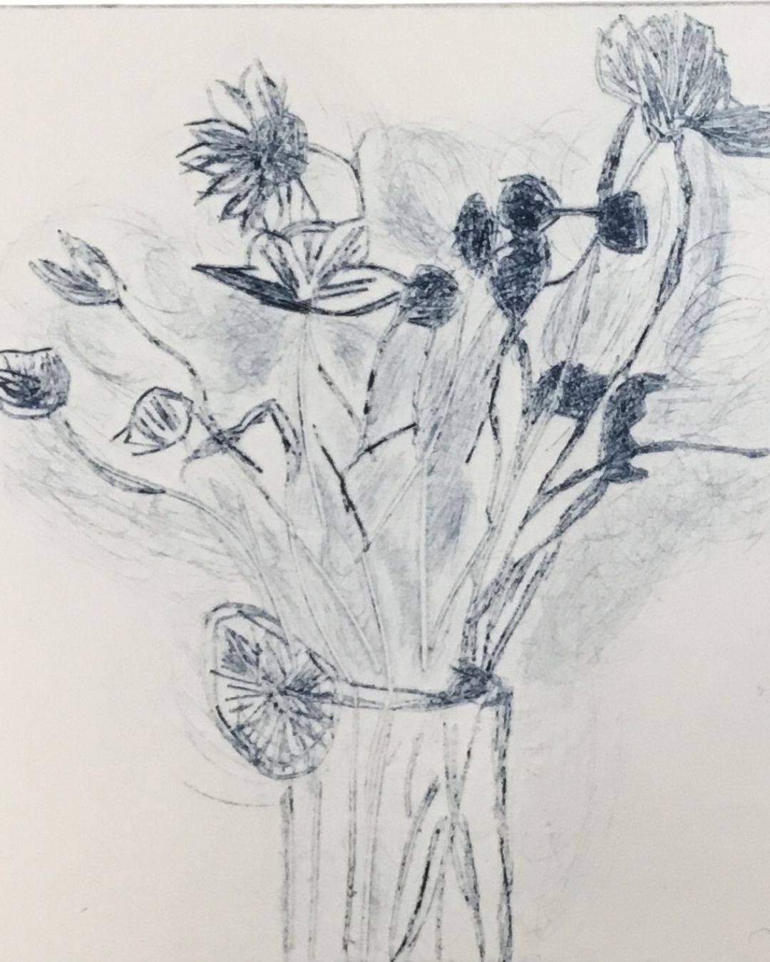 printmaking workshop on drypoint and collage - example 5 flowers in a vase