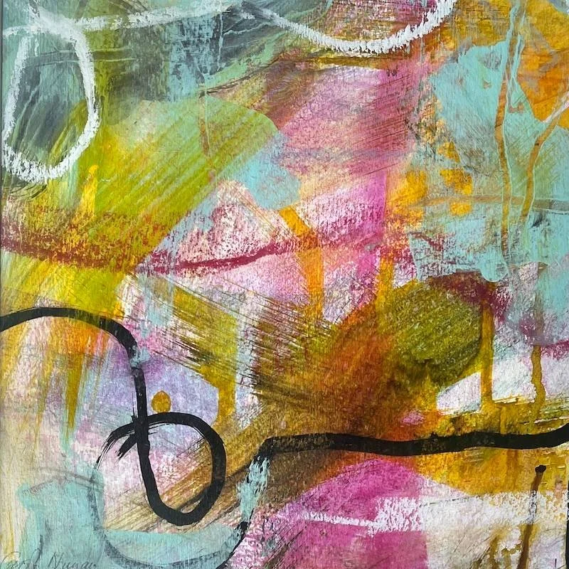 an abstract, mixed media monotype in splashes of pinks, blues yellows and greens using hints of black Indian ink to make reference to landscape