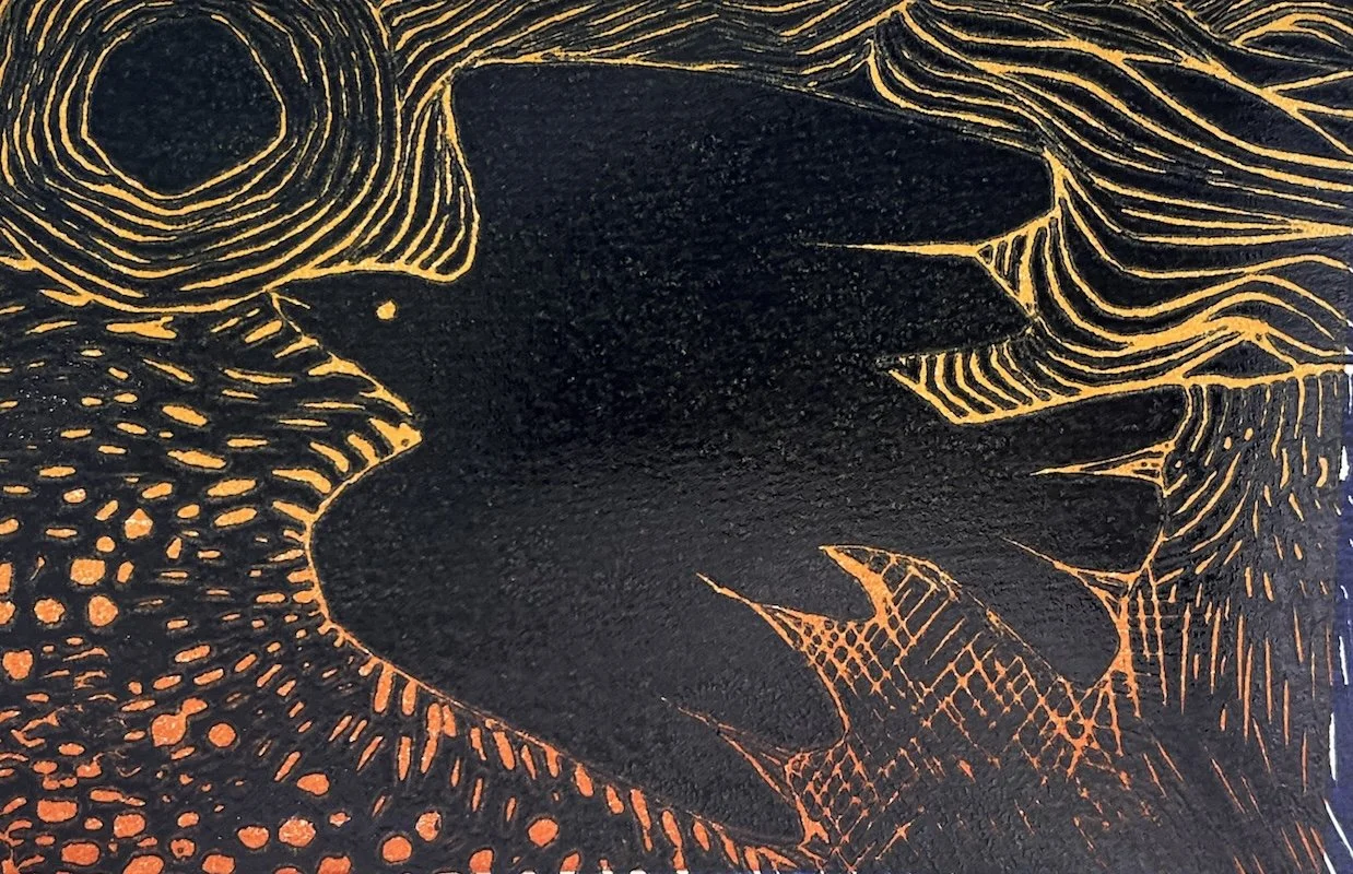 monotype background colour and one colour linocut overprint by carol.nunan