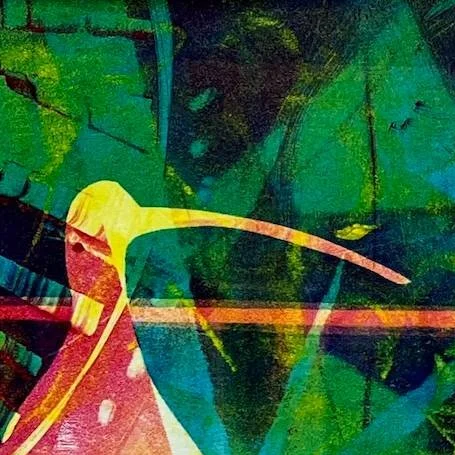 a detail of an eco-friendly greeting card featuring an abstract monotype print of a pair of curlews on the shoreline