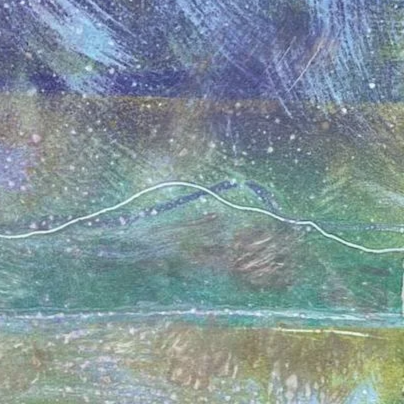 bottom right detail - Blustery monotype seascape in blues and greens inspired by Scottish west coast seabirds. Free and loose artistic style reminiscent of the views across Kyles waterways.