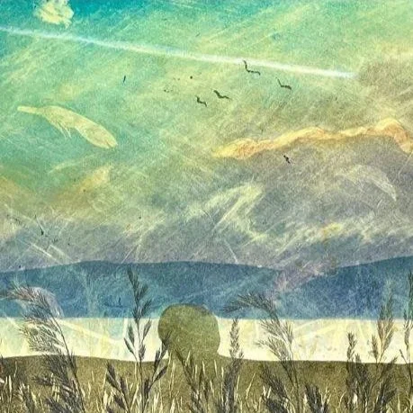 Standing+Stones+At+Dawn- left habd detail of Standing Stones At Dawn - a monotype print of standing stones at kingarth on the isle of bute