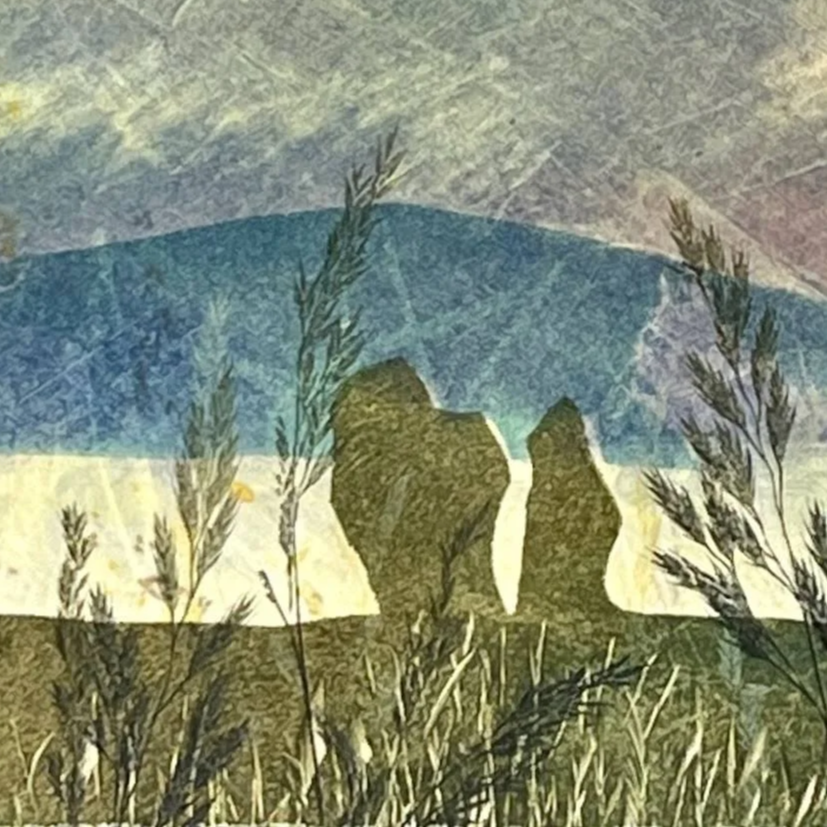 the lower right detail of an eco-friendly greeting card featuring a monotype print of the standing stones at kingarth on the isle of bute