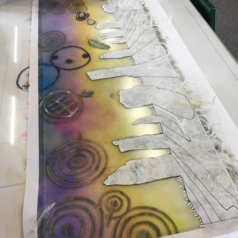 Monotype print in progress — Sunrise on the Stones by Carol Nunan