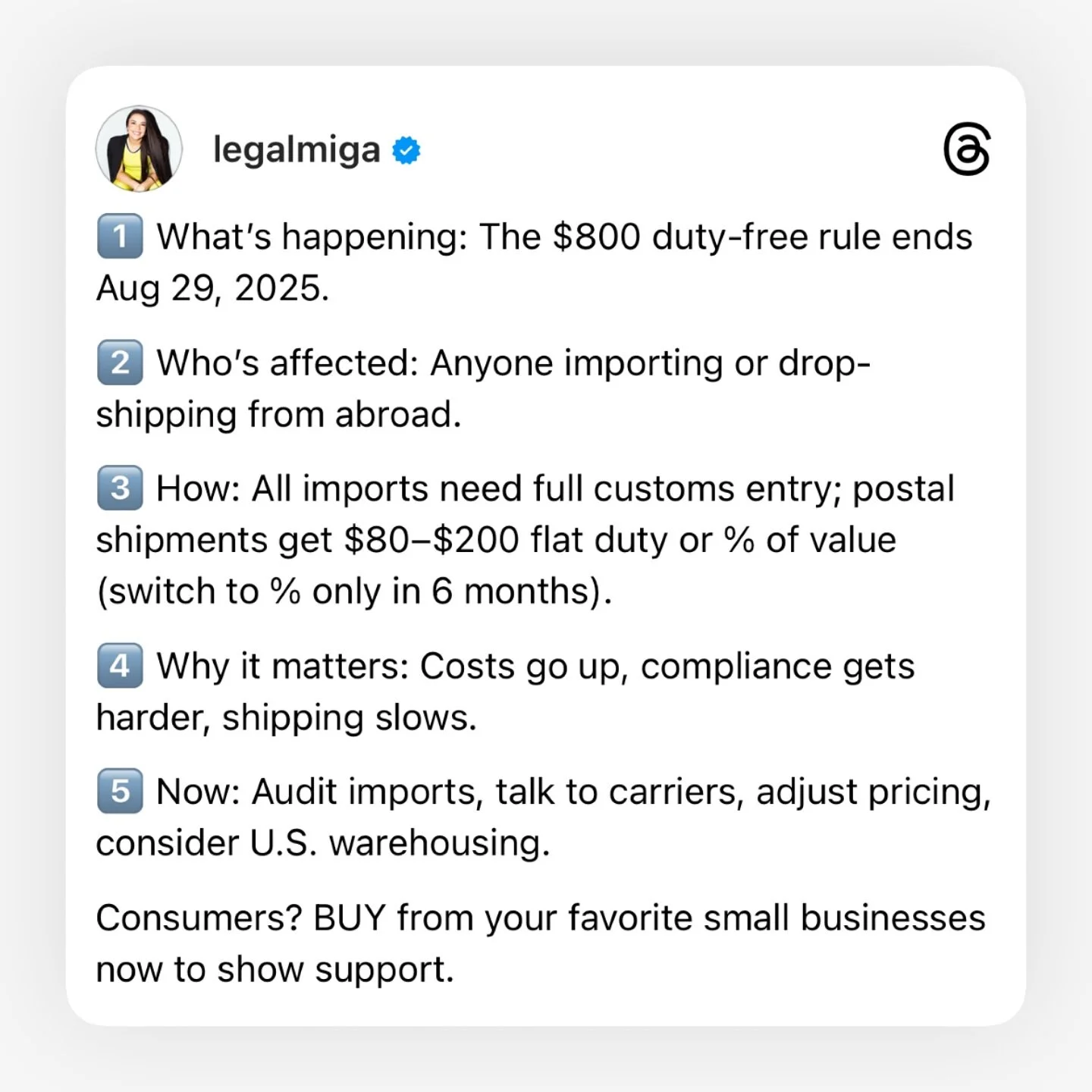 @legalmiga has a good summary about the upcoming de minimus changes that you need to know about before the end of the month. Shearing here but also go follow her.