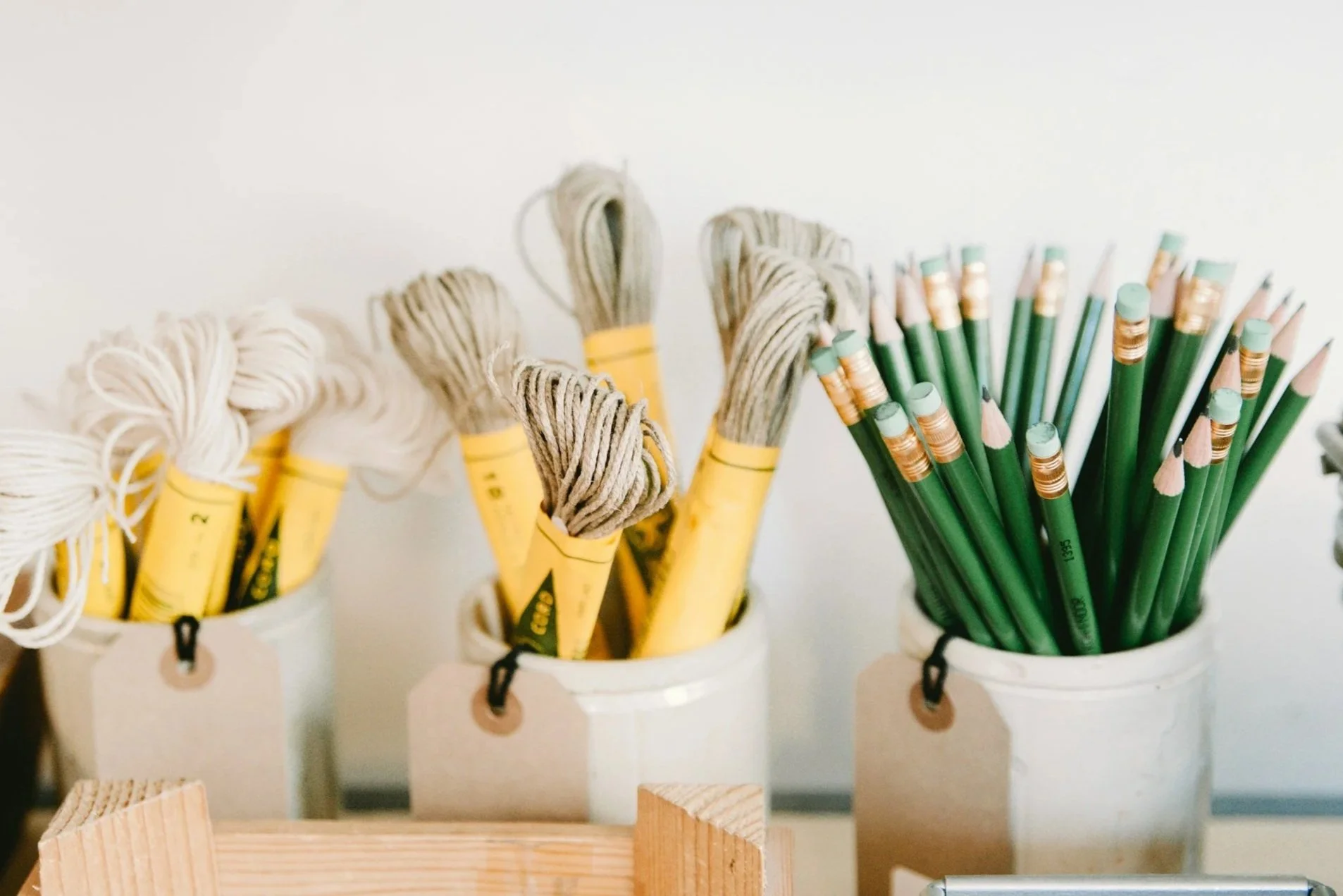 Art tools displayed on a desk