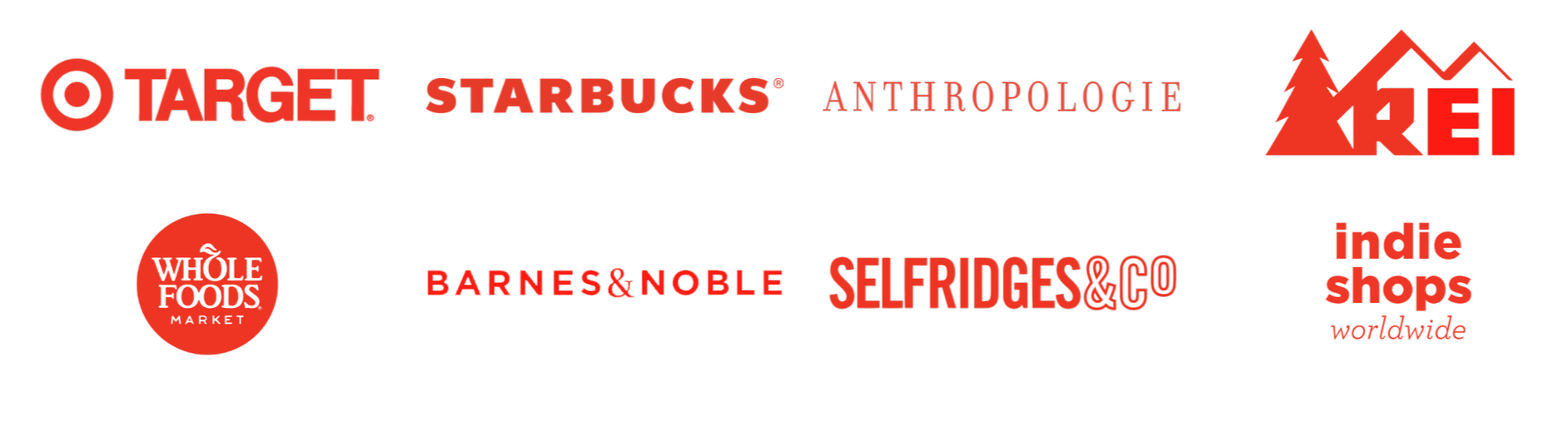 Logos of stores Paper Camp alumni sell to: Target, Starbucks, Anthropologie, REI, Whole Foods, Barnes & Noble, Selfridges, and indie shops worldwide.