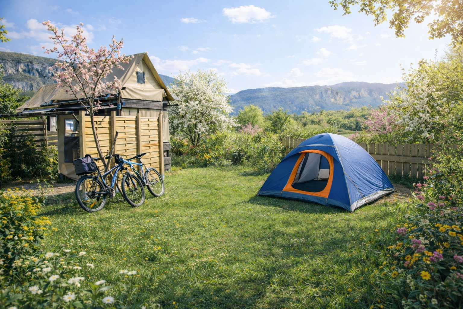 Jardin ensoleillé avec tente et vélos (1).png