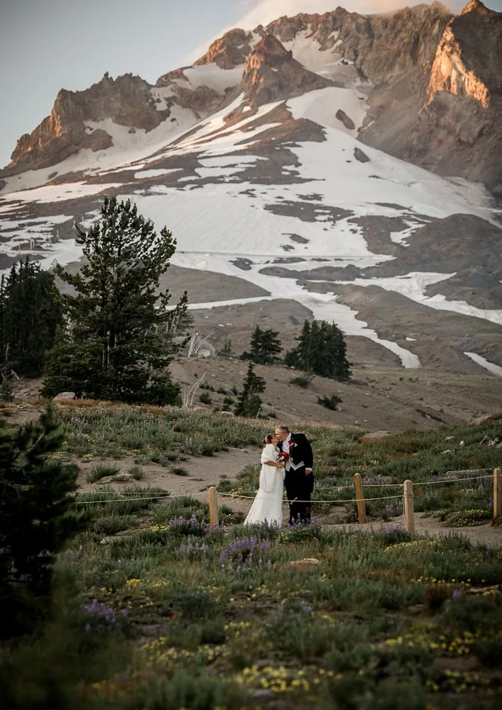 Bride and groom kissing at a wildflower fence line below the snowy summit of Mt. Hood near Timberline Lodge