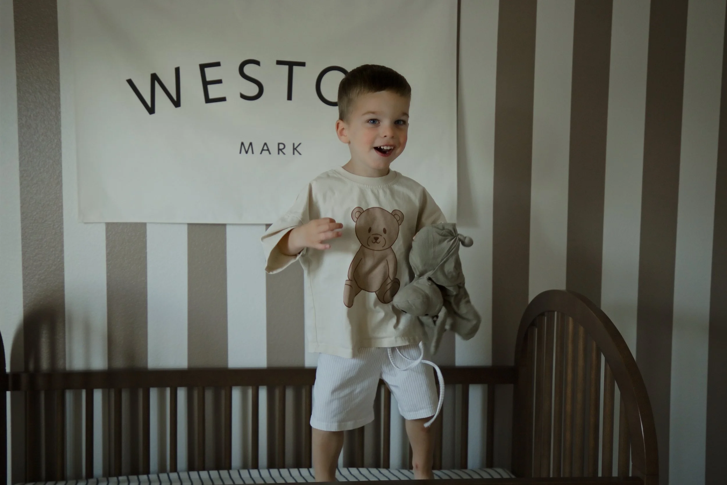Big brother stands in the crib with his stuffed animal under the name banner