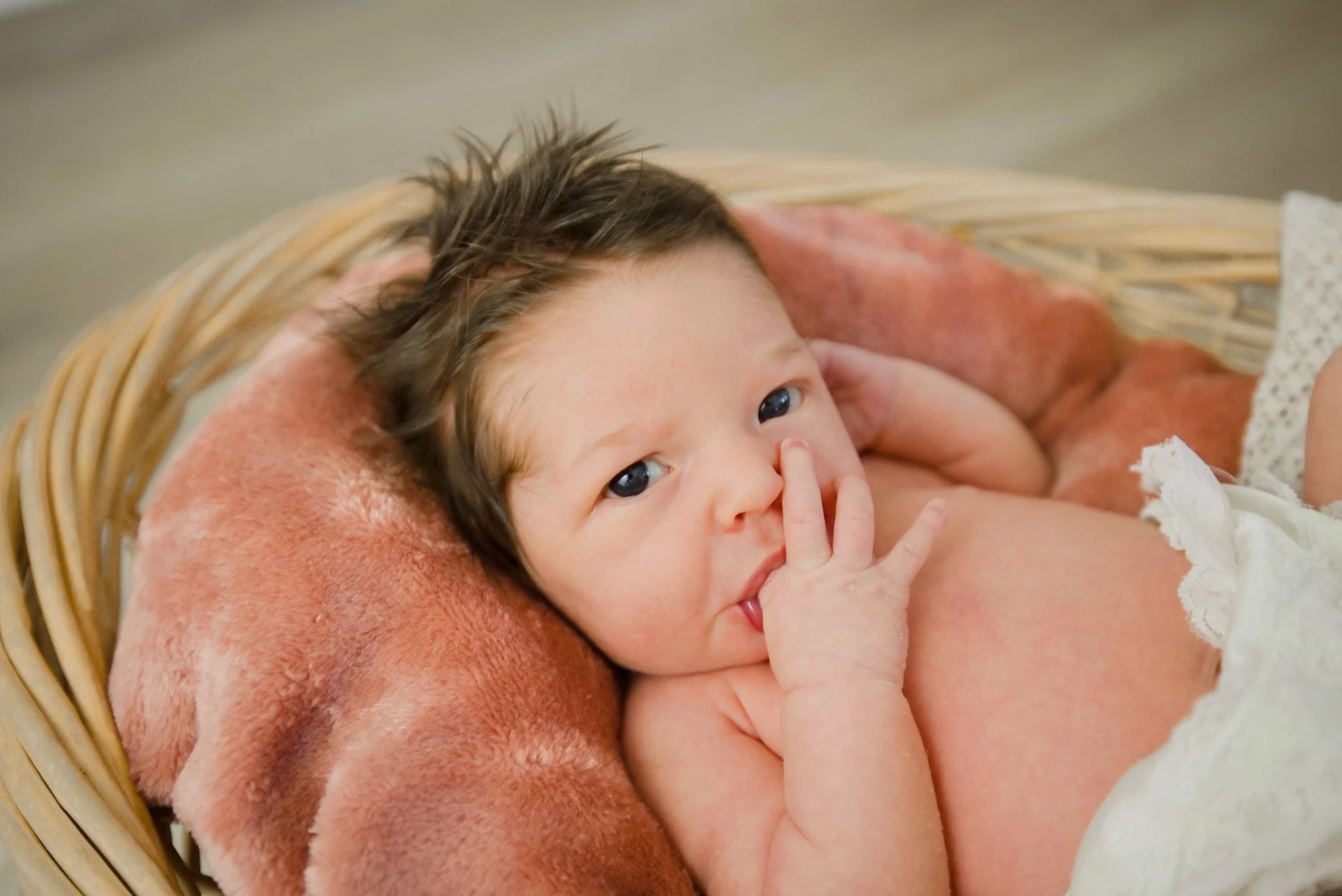 Newborn Stevie wrapped in pink on a fur blanket