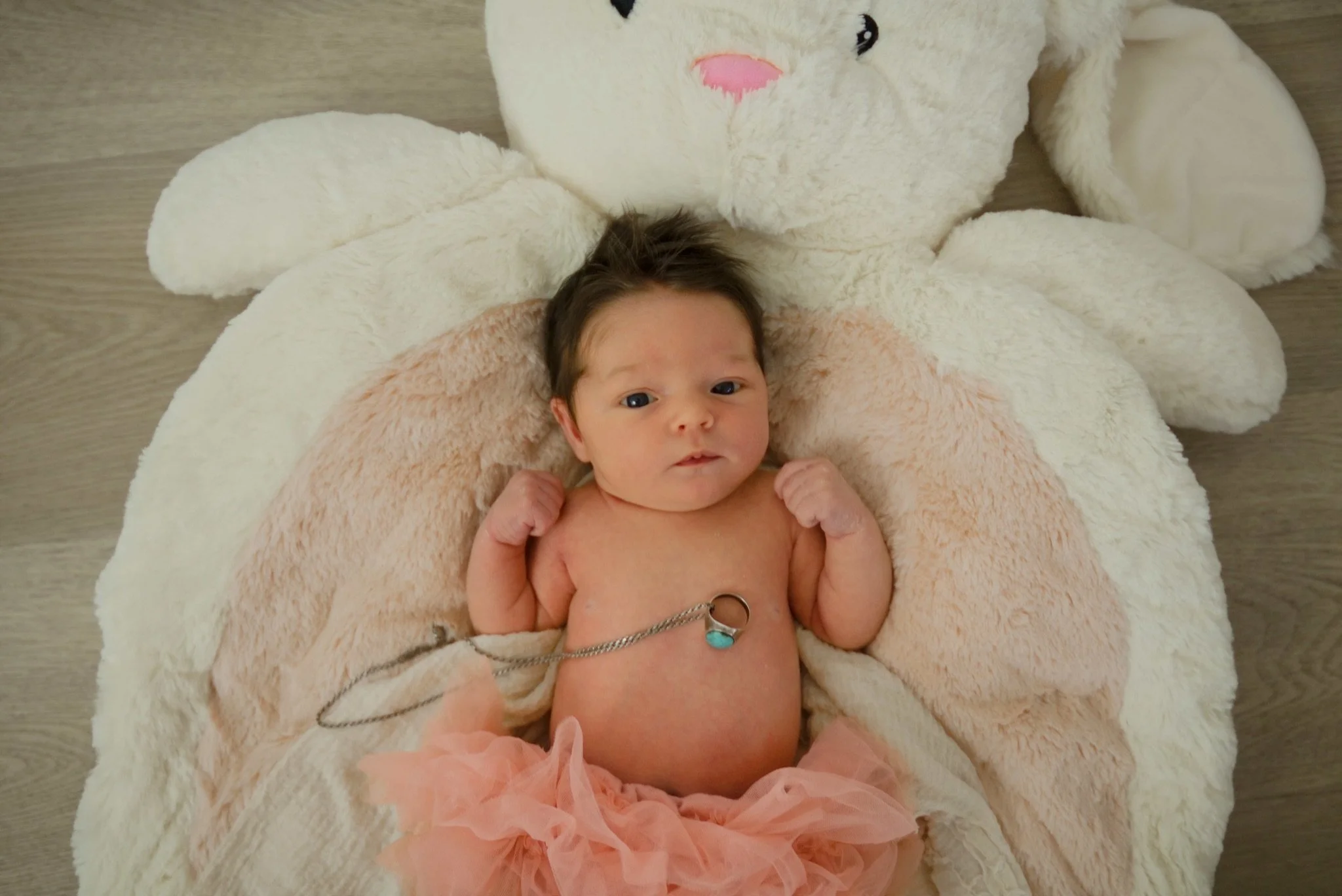 Stevie posed with a white bunny on a pink blanket