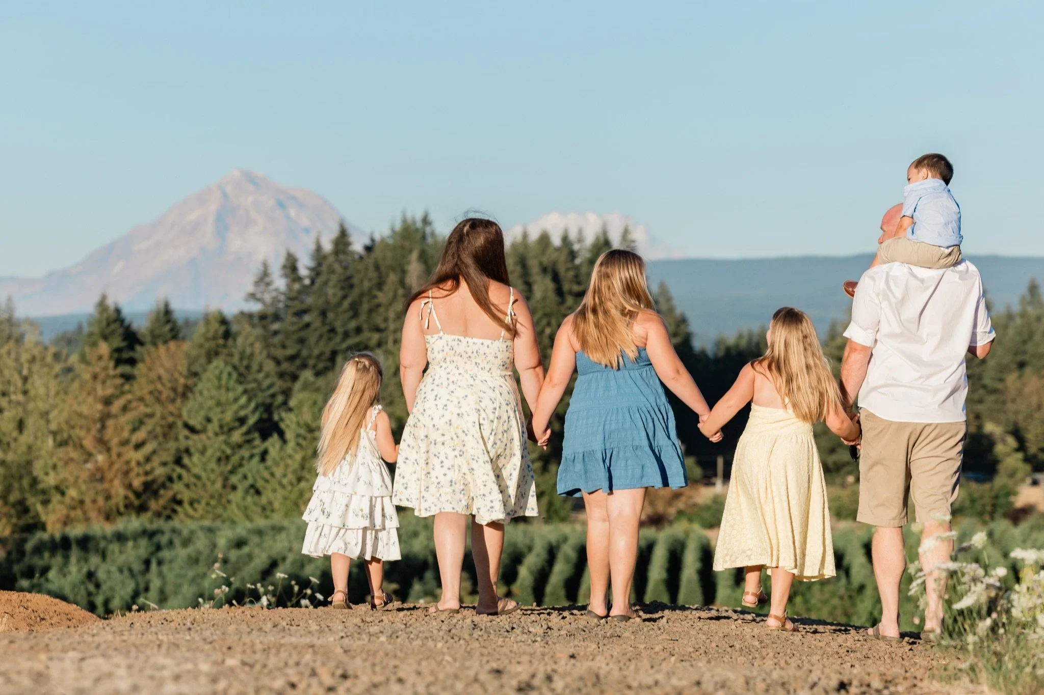 The family walking hand in hand along the ridge with Mt. Hood on the horizon