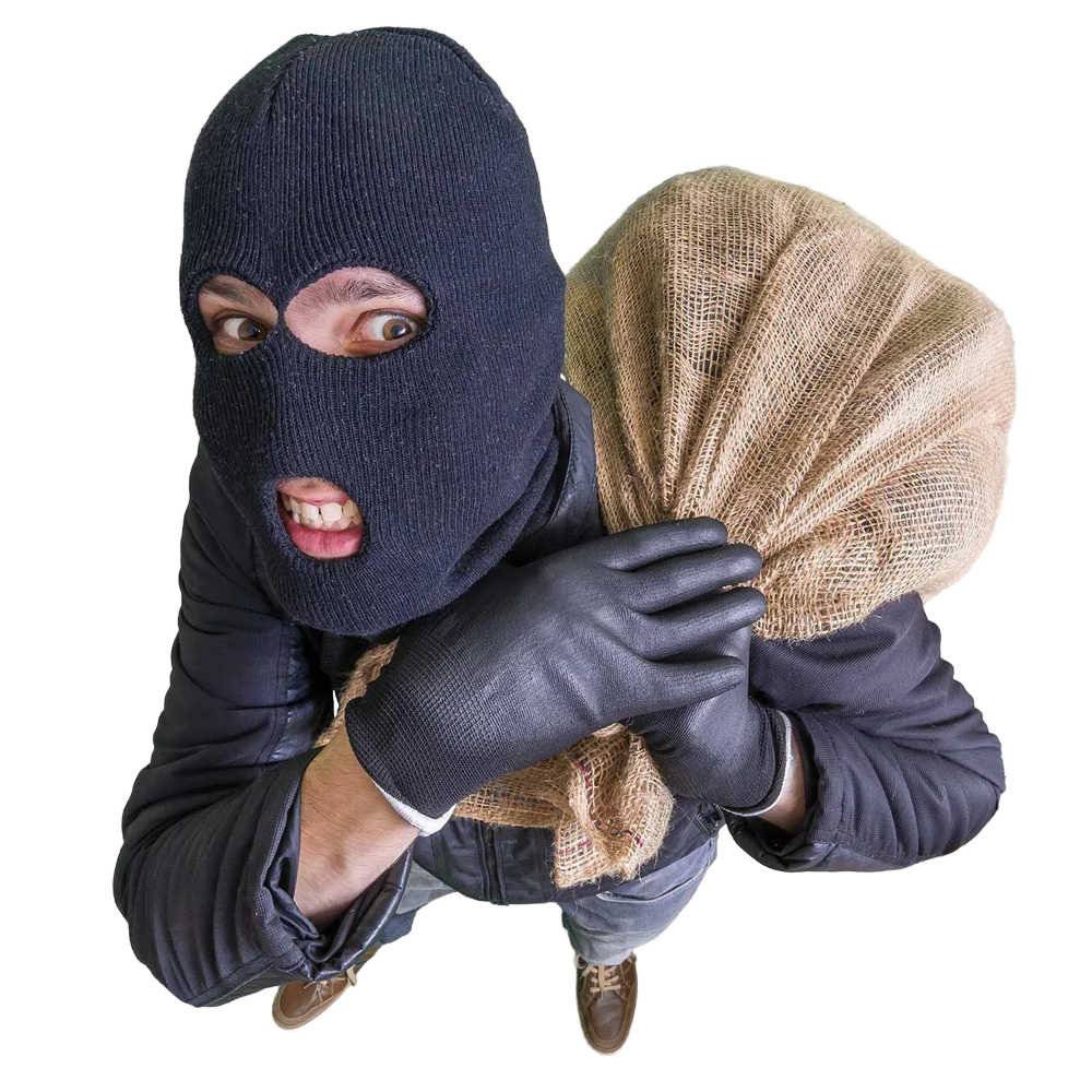 Masked thief with bag over his shoulder.