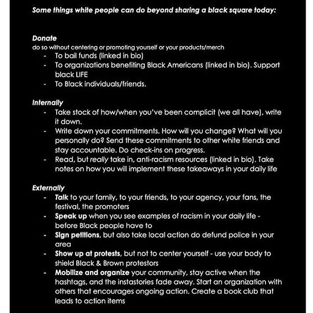 link in bio to a list of resources re: learning to be anti-racist; organizations to donate to; ways to talk to friends and family; history/complexity of race politics in the US; abolishing the police; riot politics; etc.