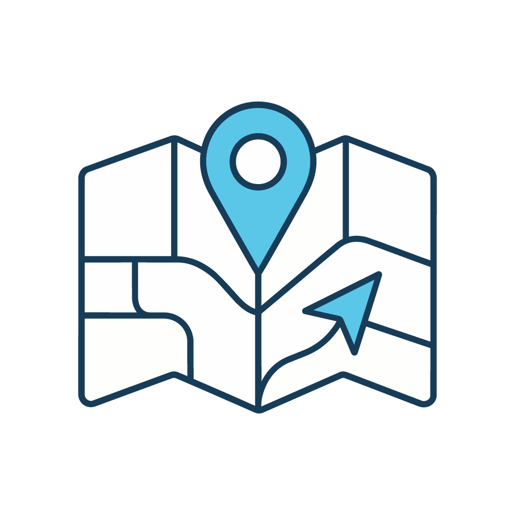 Map with arrow and dropped pin