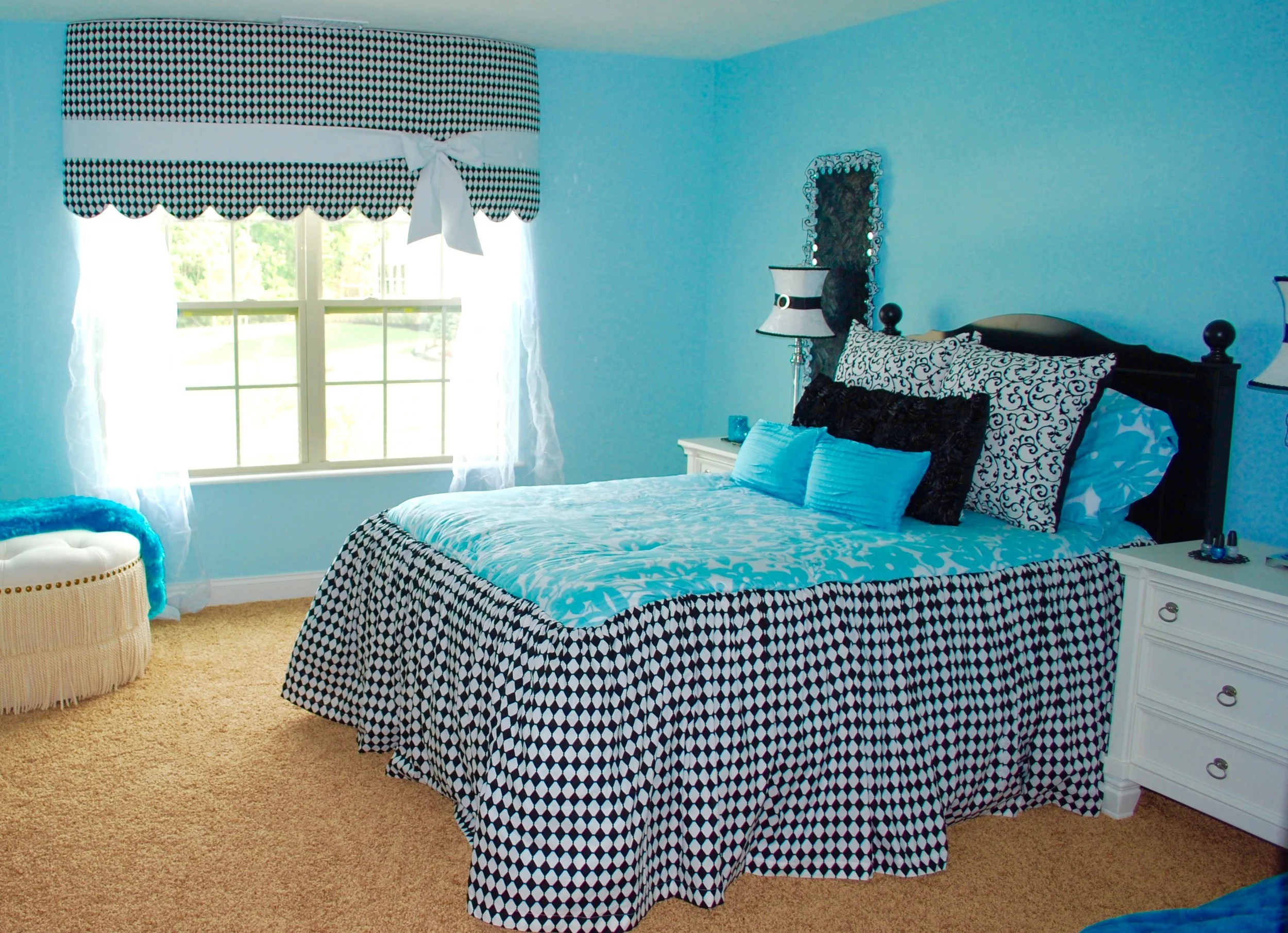 Gathered Bed Skirt and Bowed Cornice with Scallops