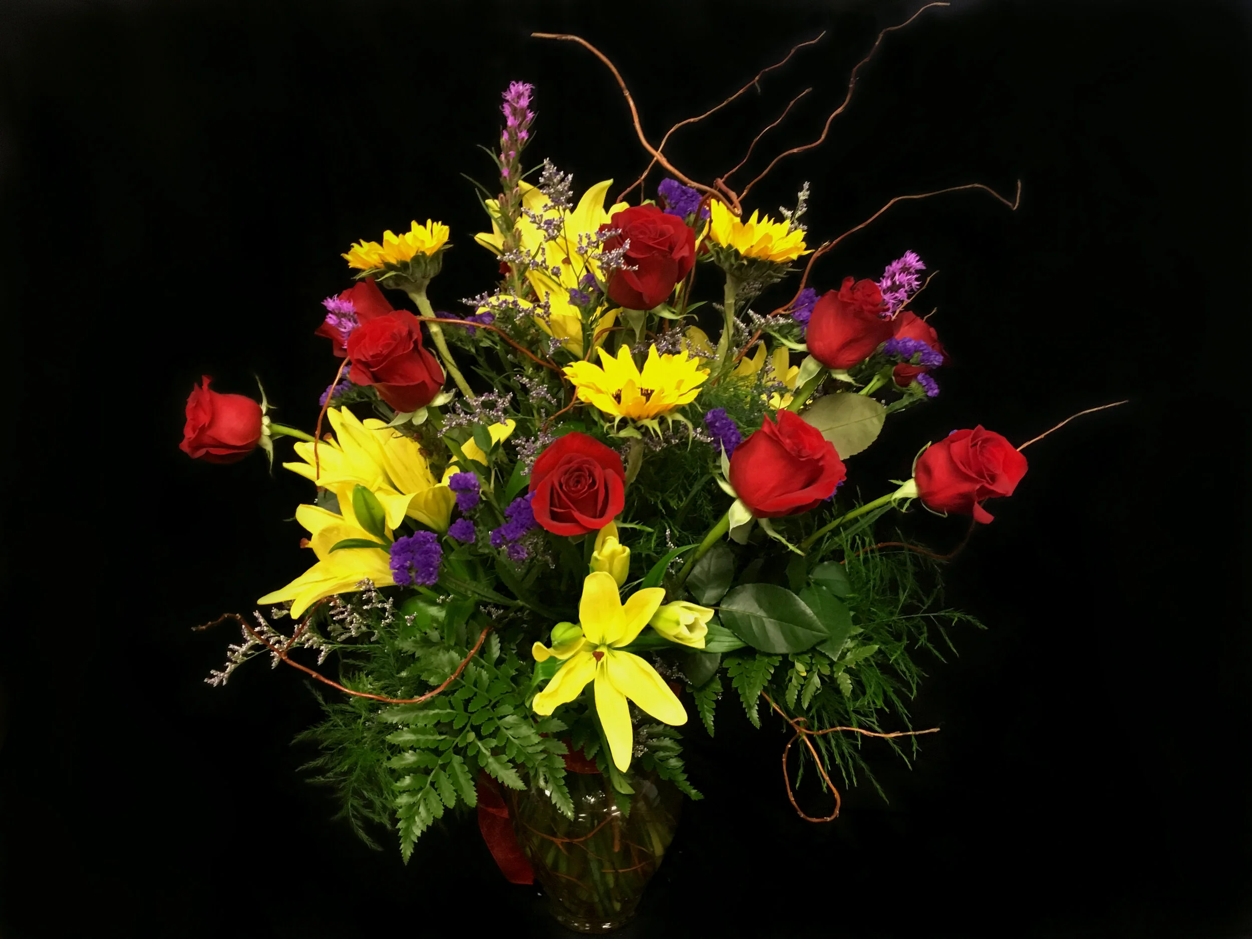 Large Yellow Sunflower Lily Liatris annd Red Rose Vase