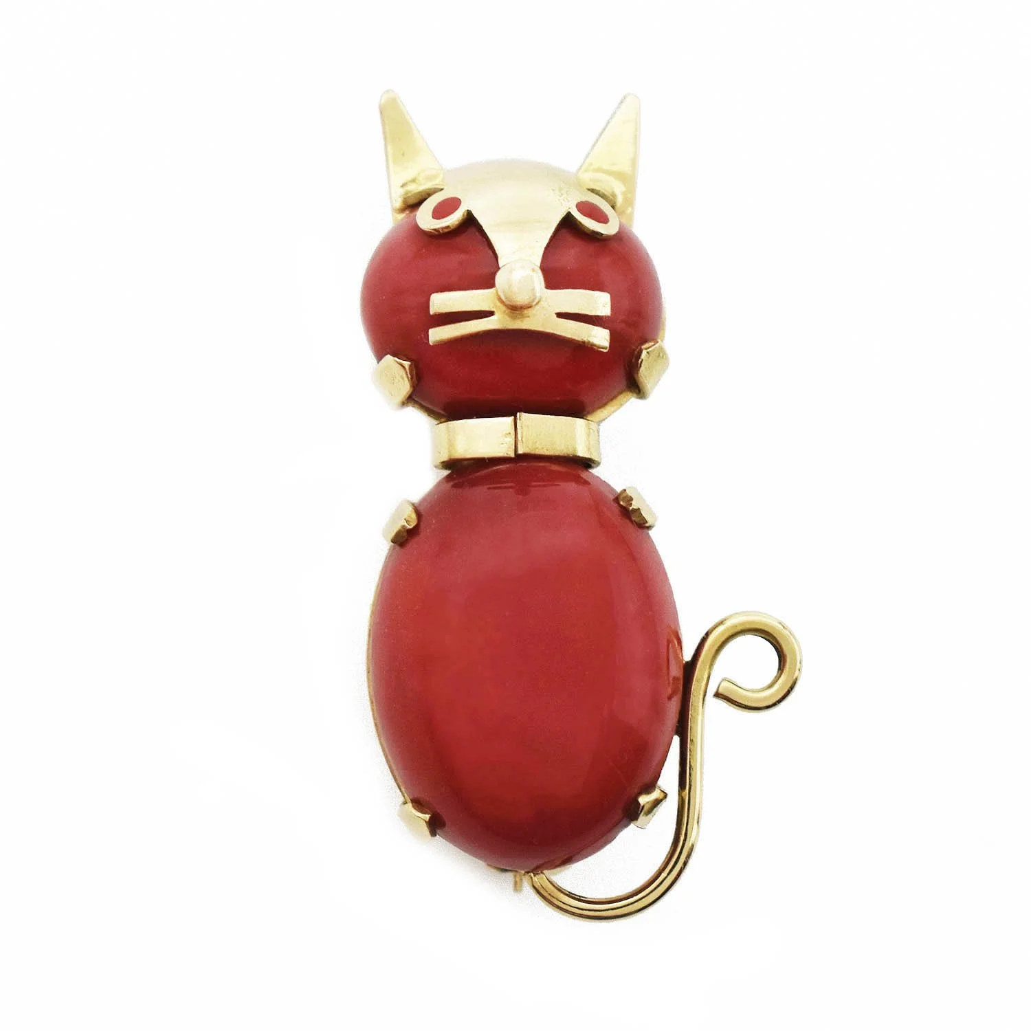Mid-Century Coral Cat Brooch Pin Gold