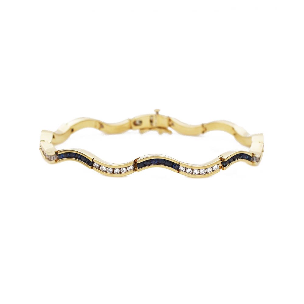 Sapphire Diamond Wavy Line Bracelet Yellow Gold