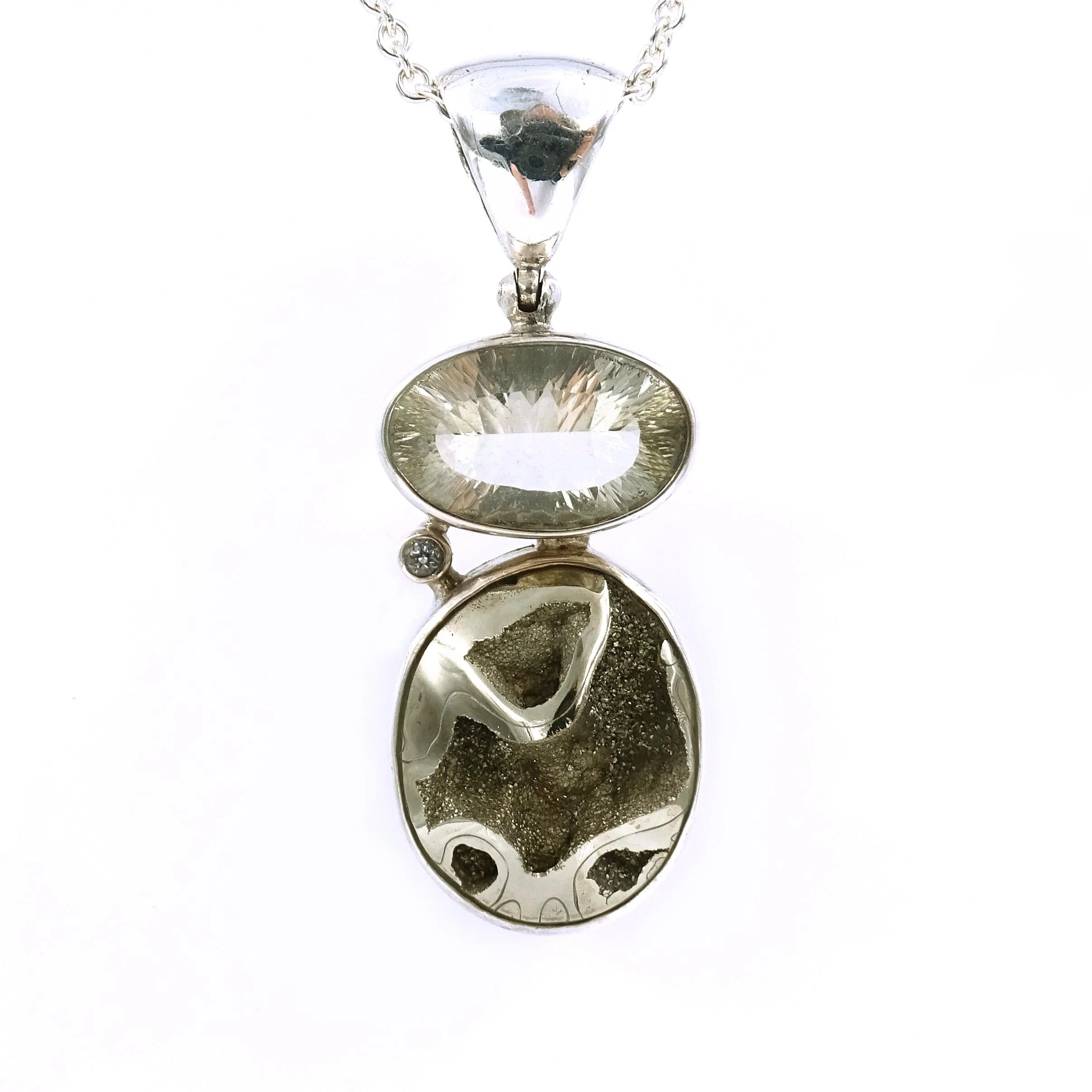 Fossil Shell Druzy Quartz Pendant Silver