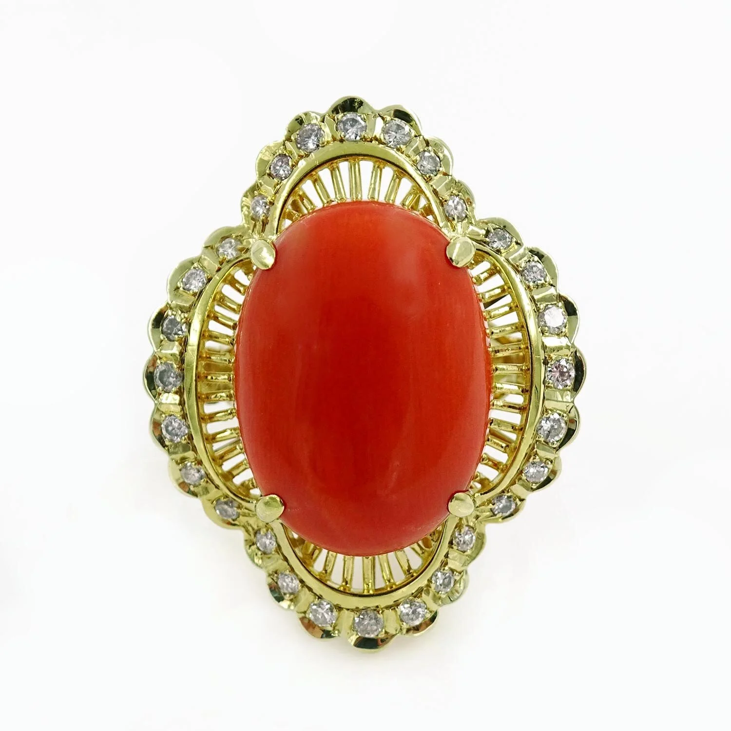 Oval Coral Diamond Gold Ring