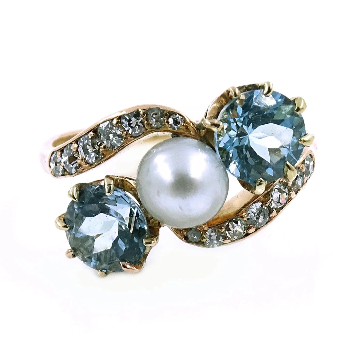 Blue Zircon Pearl Diamond Ring Rose Gold